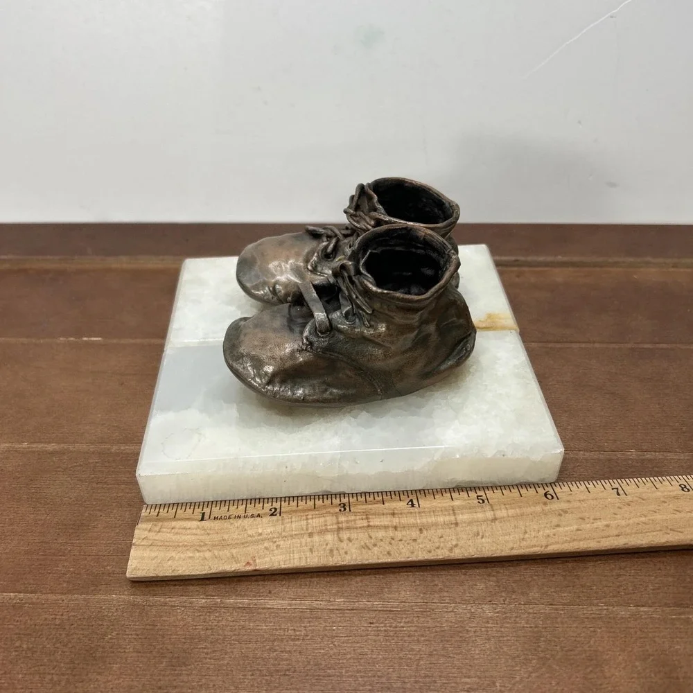 Vintage Copper Baby‎ Toddler Shoes Bookends Paperweight Marble Base